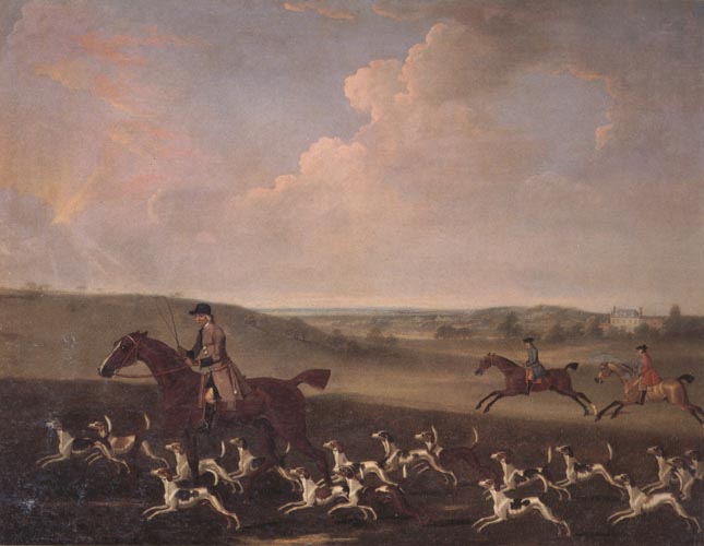 A Huntsman and Hounds Near a Country House